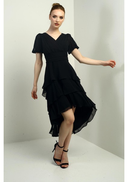 Kadın Kruvaze Yaka Arkası Fermuarlı Katkat Pileli Şifon Elbise modelleri