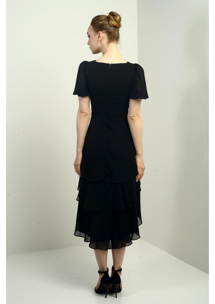 Kadın Kruvaze Yaka Arkası Fermuarlı Katkat Pileli Şifon Elbise fırsatları