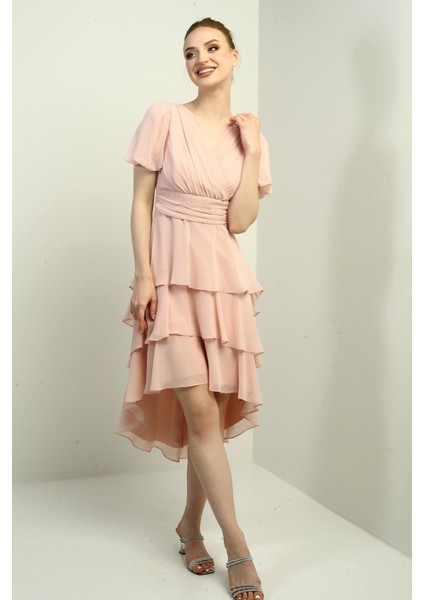 Kadın Kruvaze Yaka Arkası Fermuarlı Katkat Pileli Şifon Elbise fiyatları