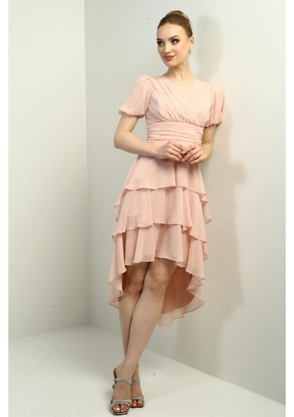 Kadın Kruvaze Yaka Arkası Fermuarlı Katkat Pileli Şifon Elbise modelleri