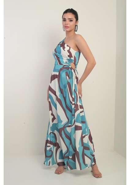 Kadın Tek Omuz Yandan Pencereli Soyut Desenli Uzun Krep Saten Elbise