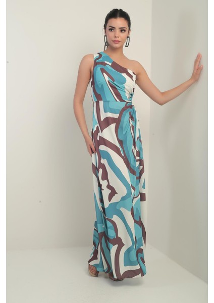 Kadın Tek Omuz Yandan Pencereli Soyut Desenli Uzun Krep Saten Elbise modelleri