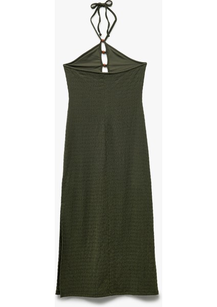 Bürümcük Kumaş Slim Fit Boncuk Detaylı Halter Yaka Maxi Elbise fiyatları