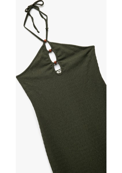 Bürümcük Kumaş Slim Fit Boncuk Detaylı Halter Yaka Maxi Elbise modelleri