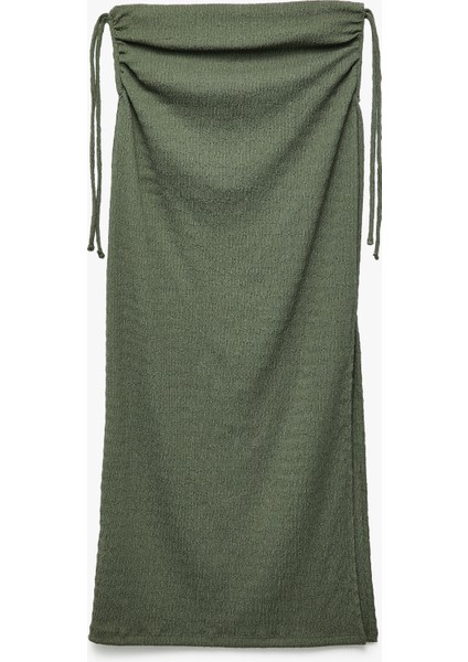 Bürümcük Kumaş Slim Fit Büzgü Detaylı Yırtmaçlı Uzun Etek