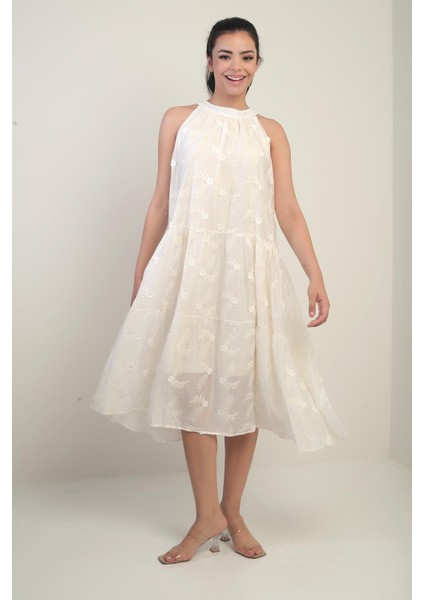 Kadın Halter Yaka Bağcıklı Astarlı Nakışlı Midi Elbise fiyatları