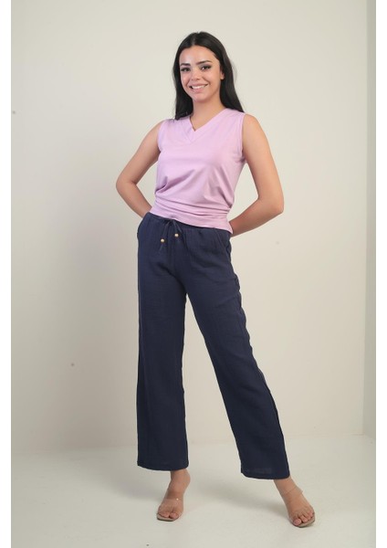 Kadın Müslin Palazzo Beli Lastikli Cepli Pantolon