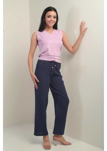 Kadın Müslin Palazzo Beli Lastikli Cepli Pantolon modelleri
