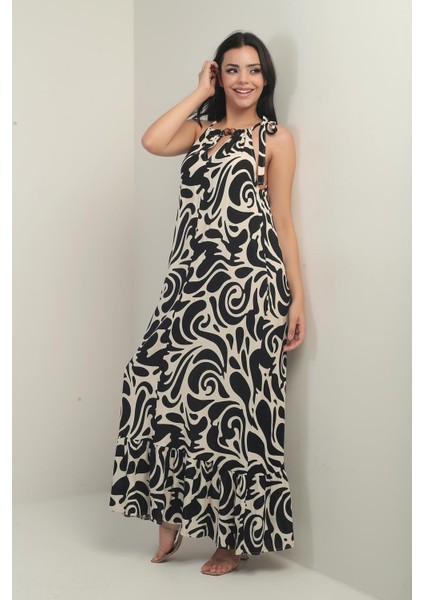 Kadın Yaka Aksesuarlı Yandan Bağcıklı Cepli Karışık Desen Uzun Elbise