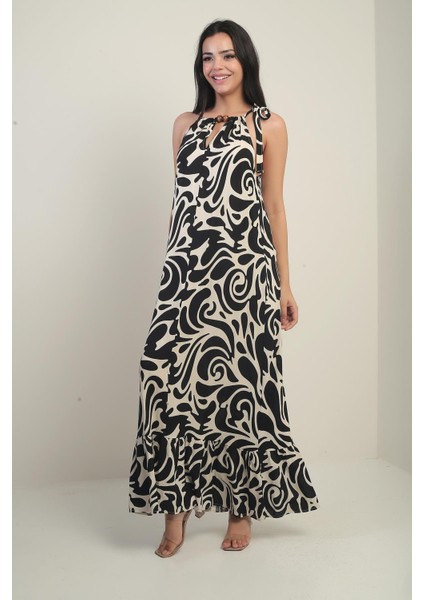 Kadın Yaka Aksesuarlı Yandan Bağcıklı Cepli Karışık Desen Uzun Elbise fiyatları