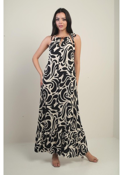 Kadın Yaka Aksesuarlı Yandan Bağcıklı Cepli Karışık Desen Uzun Elbise modelleri