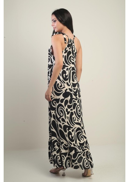 Kadın Yaka Aksesuarlı Yandan Bağcıklı Cepli Karışık Desen Uzun Elbise fırsatları