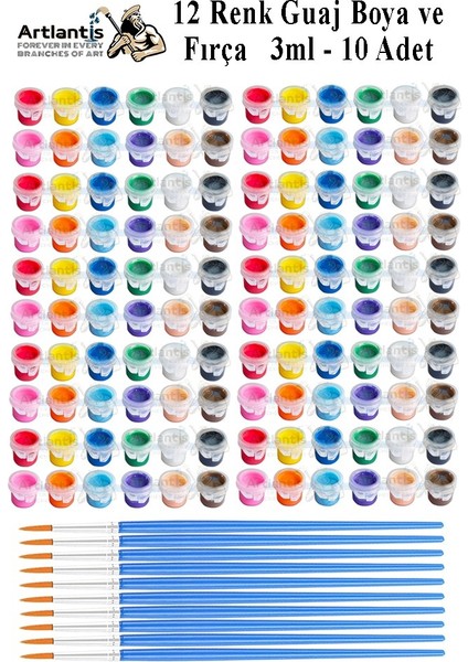 Guaj Boya 3 ml 12 Renk ve Resim Fırçası 10 Paket Mini Küçük Guaj Boya Etkinlik Boyama Boyası Su Bazlı Resim Okul Öncesi
