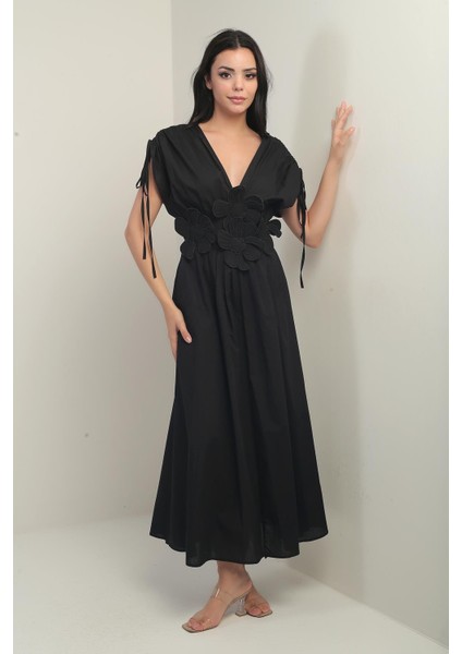 Kadın Ön Arka V Yaka Kolları Büzgülü Çiçek Aplik Nakışlı Uzun Elbise