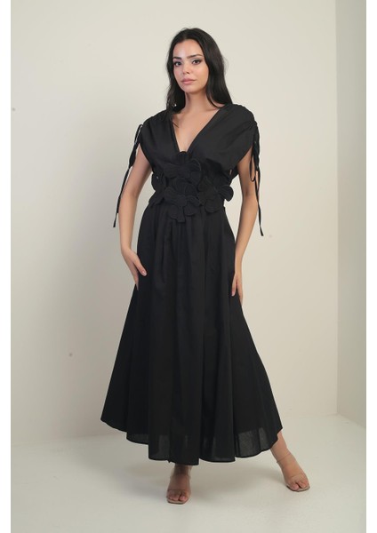 Kadın Ön Arka V Yaka Kolları Büzgülü Çiçek Aplik Nakışlı Uzun Elbise fiyatları