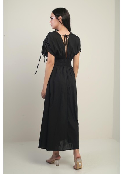 Kadın Ön Arka V Yaka Kolları Büzgülü Çiçek Aplik Nakışlı Uzun Elbise fırsatları