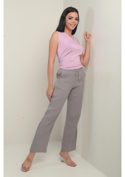 Kadın Müslin Palazzo Beli Lastikli Cepli Pantolon