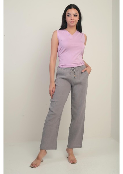 Kadın Müslin Palazzo Beli Lastikli Cepli Pantolon modelleri
