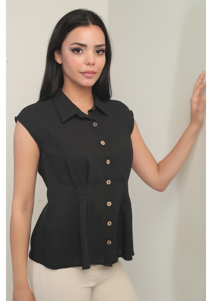 Kadın Beli Pileli Kolsuz Gömlek