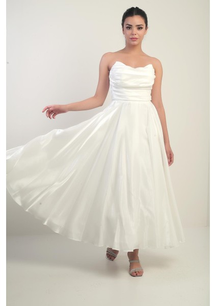 Kadın Degaje Straplez Yaka Astarlı Organze Saten Midi Elbise