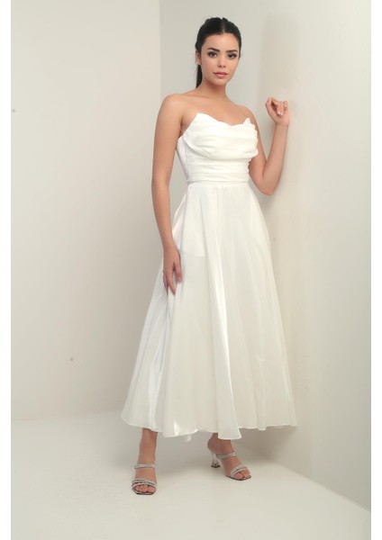 Kadın Degaje Straplez Yaka Astarlı Organze Saten Midi Elbise fiyatları