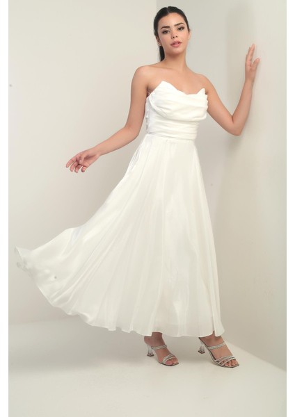 Kadın Degaje Straplez Yaka Astarlı Organze Saten Midi Elbise modelleri