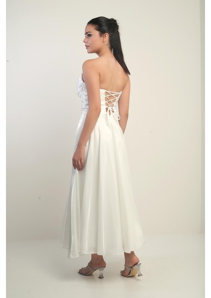 Kadın Degaje Straplez Yaka Astarlı Organze Saten Midi Elbise fırsatları