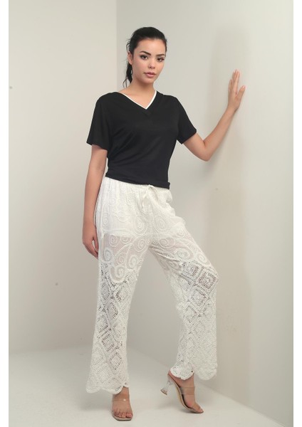 Kadın Beli Lastikli Yarım Astarlı Bol Paça Nakışlı Pantolon modelleri