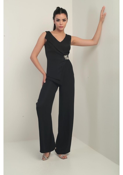 Kadın Ön Arka V Yaka Üst Yelek Görünümlü Bol Paça Tulum