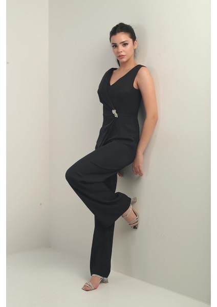 Kadın Ön Arka V Yaka Üst Yelek Görünümlü Bol Paça Tulum modelleri