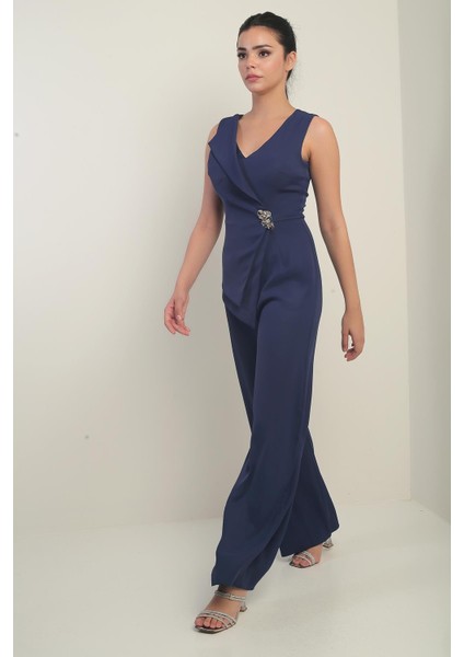 Kadın Ön Arka V Yaka Üst Yelek Görünümlü Bol Paça Tulum