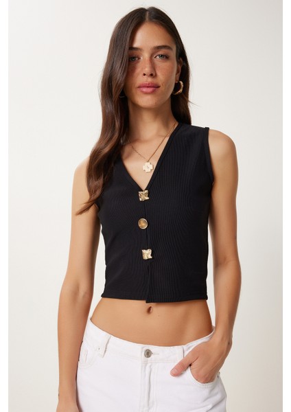Dore Düğmeli Fitilli Örme Crop Bluz
