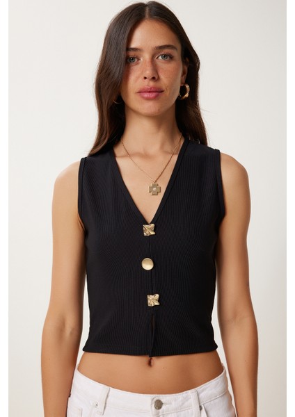 Dore Düğmeli Fitilli Örme Crop Bluz