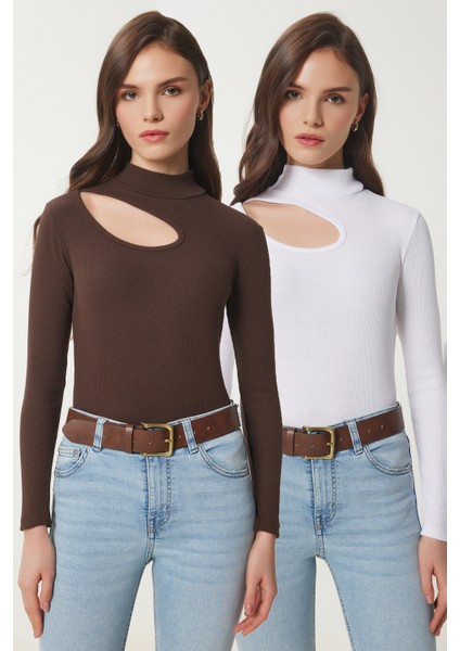 2'li Paket Cut Out Detaylı Fitilli Örme Bluz Kahverengi Beyaz LGT0034