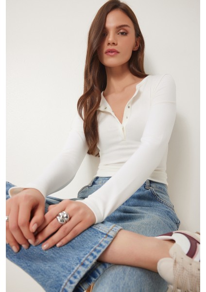 Çıtçıtlı Basic Örme Crop Bluz Kemik LFW0002