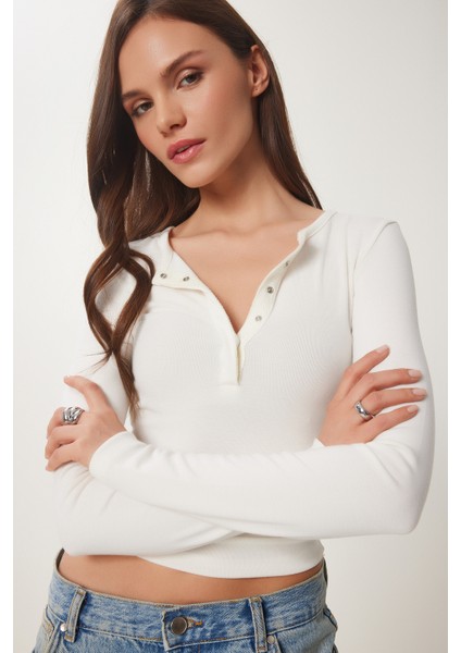 Çıtçıtlı Basic Örme Crop Bluz Kemik LFW0002 fiyatları