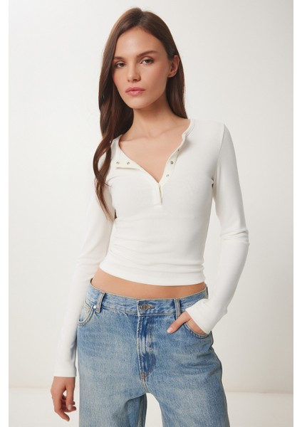 Çıtçıtlı Basic Örme Crop Bluz Kemik LFW0002 modelleri