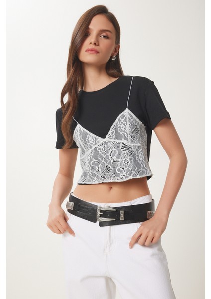 Dantelli Crop Örme Bluz Siyah Beyaz LBV0059 fiyatları