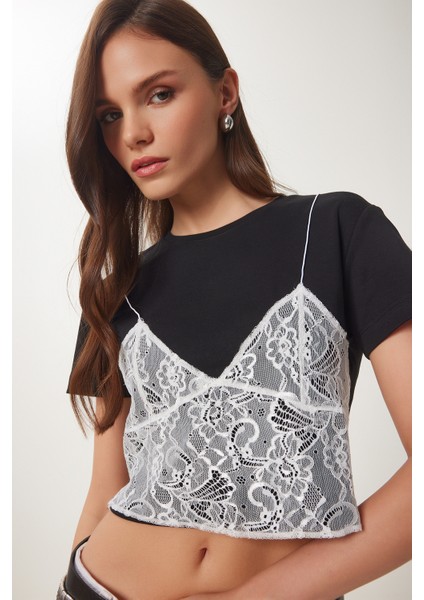 Dantelli Crop Örme Bluz Siyah Beyaz LBV0059 modelleri