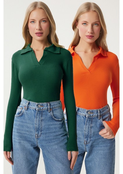 Polo Yaka Fitilli 2'li Paket Örme Bluz