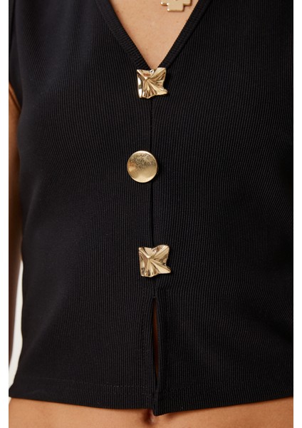 Dore Düğmeli Fitilli Örme Crop Bluz