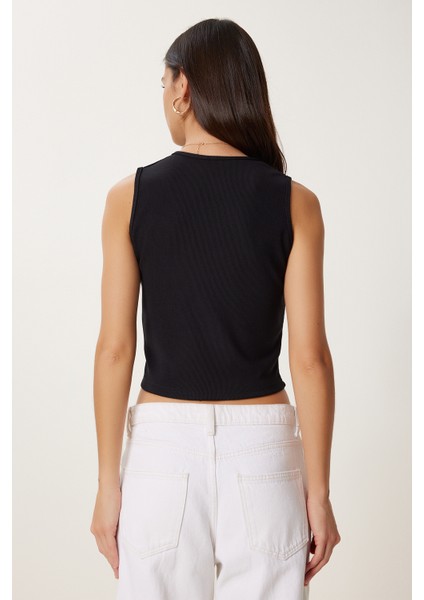 Dore Düğmeli Fitilli Örme Crop Bluz