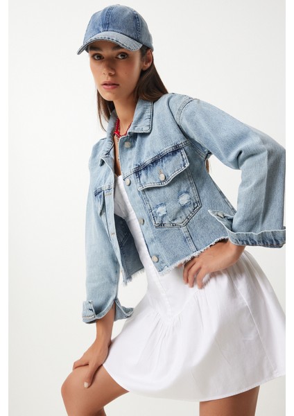 Püskül Detaylı Crop Denim Ceket