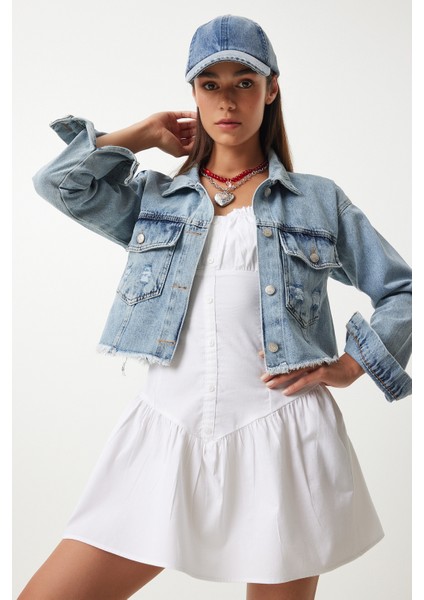 Püskül Detaylı Crop Denim Ceket