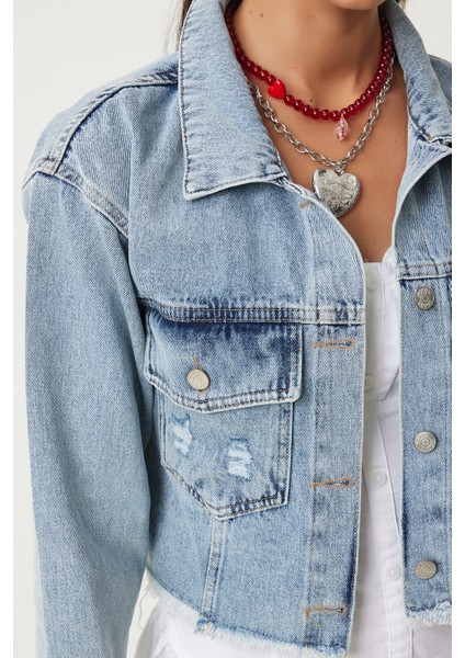 Püskül Detaylı Crop Denim Ceket