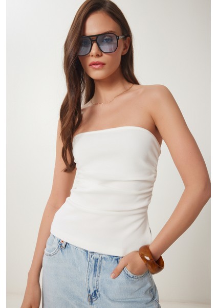 Büzgülü Straplez Örme Bluz Kemik LNS0037