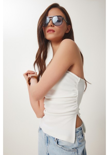 Büzgülü Straplez Örme Bluz Kemik LNS0037