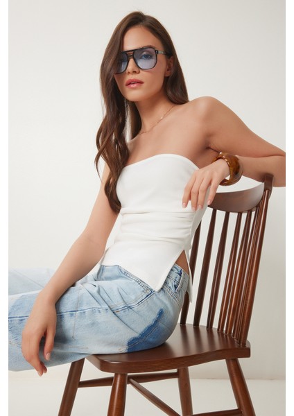 Büzgülü Straplez Örme Bluz Kemik LNS0037