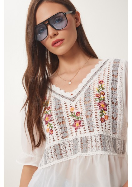 Nakışlı Mevsimlik Şifon Triko Bluz modelleri