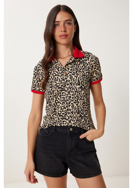 Leopar Desenli Esnek Örme Bluz